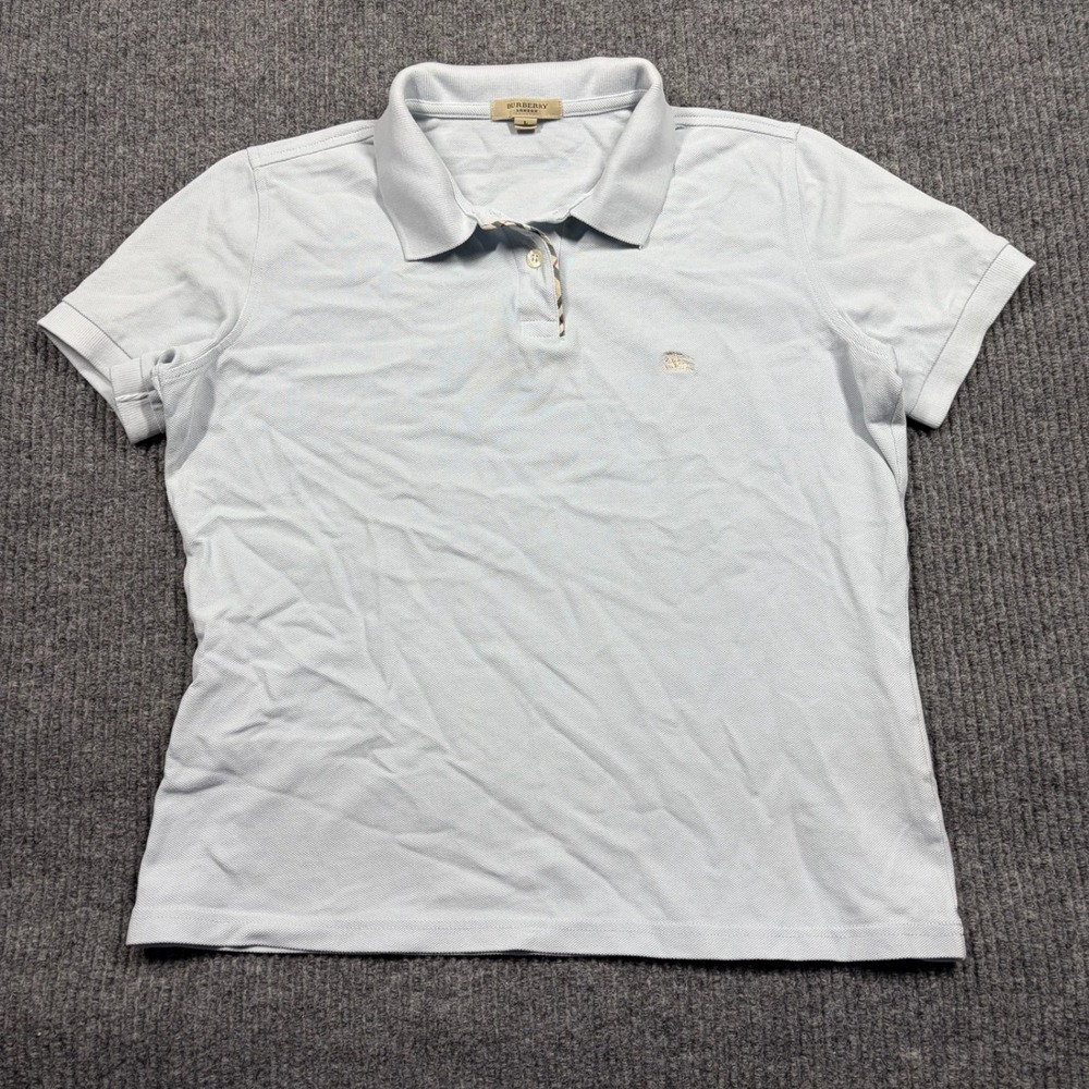 Burberry London Shirt Women's L Light Blue Short Sleeve Polo Nova Check Trim